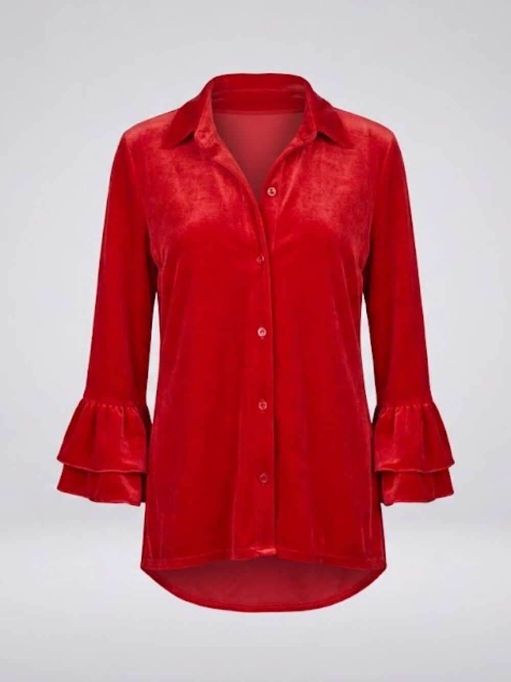 Red Velvet Ruffle Sleeve Button Front Blouse Size L - Picture 1 of 7